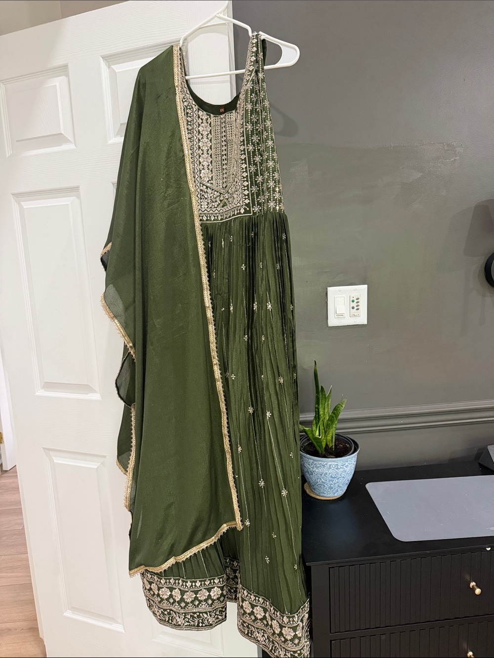 Embroidered Olive Green Women's Anarkali Dress with Dupatta